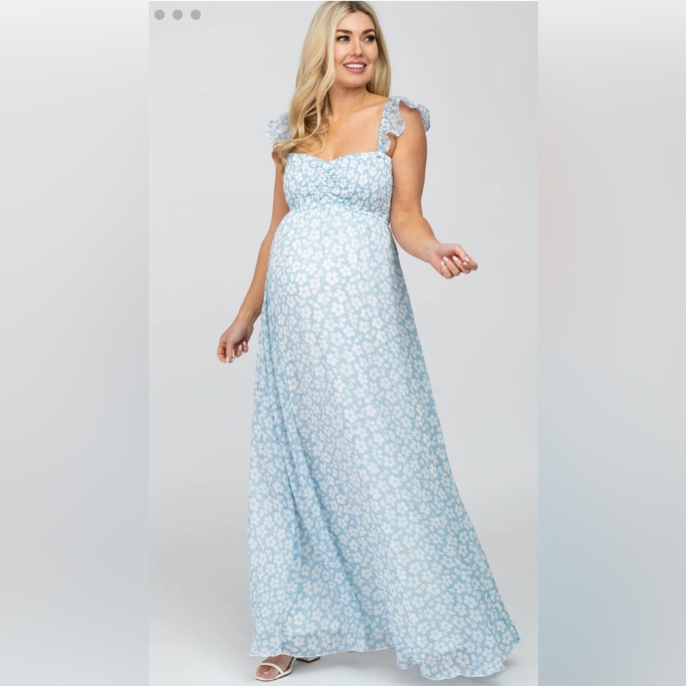 Light Blue Floral Chiffon Sweetheart Maternity Maxi Dress